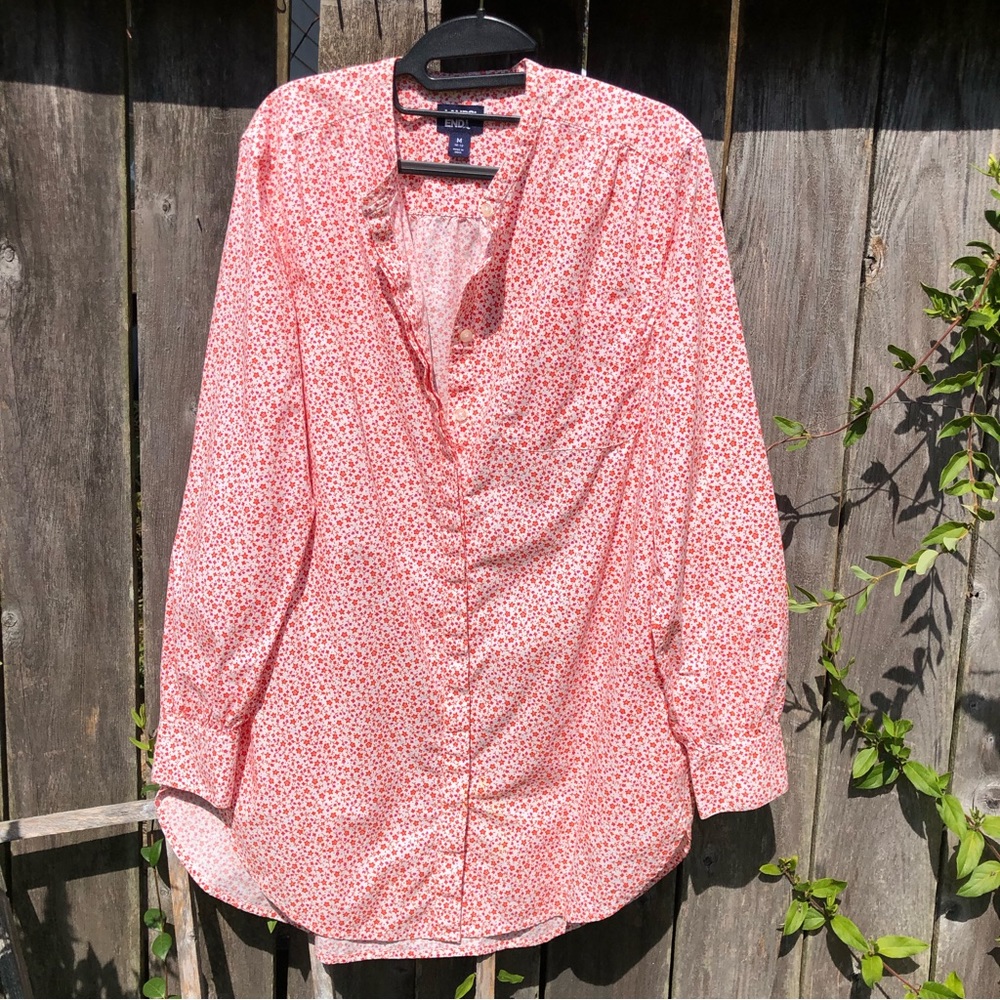 LANDS END White Orange Floral Button Down 100% Cotton Tunic Top w/pocket M